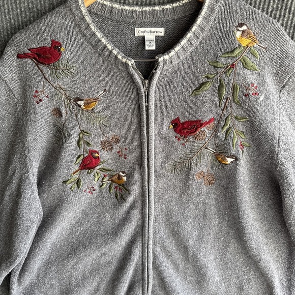 Craft & Barrow Womens Cardigan 1X Heather Gray Embroidered Cardinal Winter Birds - Picture 2 of 7